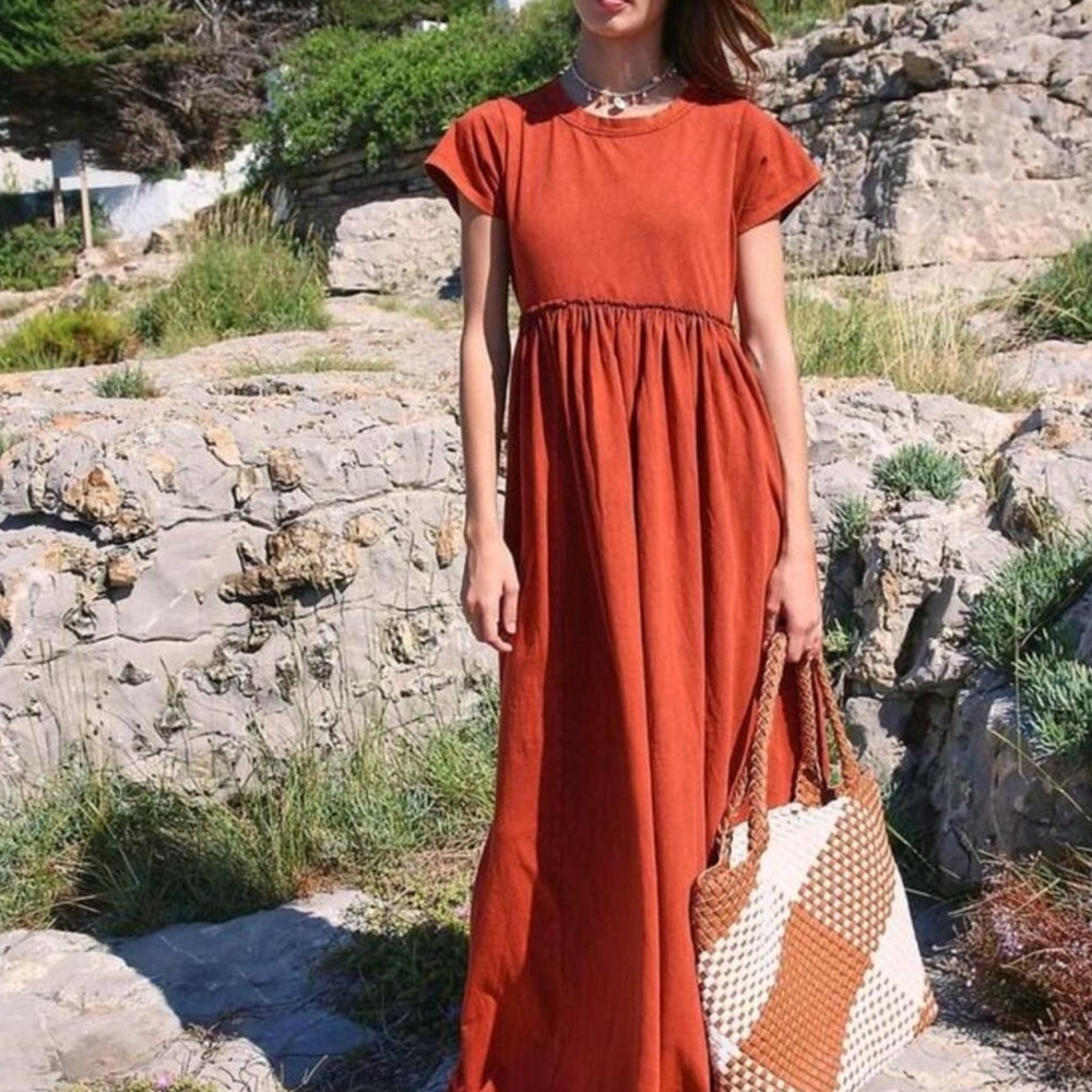 Free People Carissa Tee Short Sleeve Maxi Dress in burnt orange.